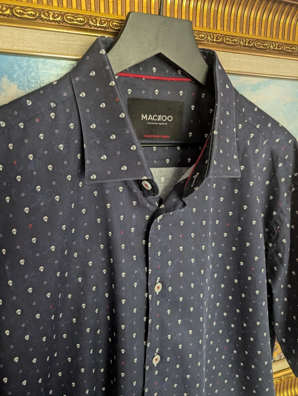 Maceoo Navy Short-Sleeve Button-Down Shirt with Micro Skull Print - Size 6
